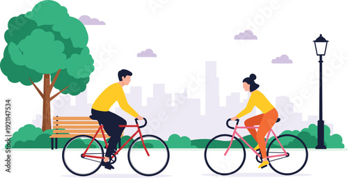 Flat vector illustration of a man and woman riding bicycles through a city park with green trees a park bench and urban skyline background.