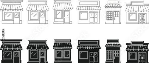 Set of simple line art and silhouette icons representing different shop store fronts