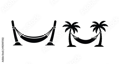 Black hammock between palm trees a relaxing tropical scene silhouette