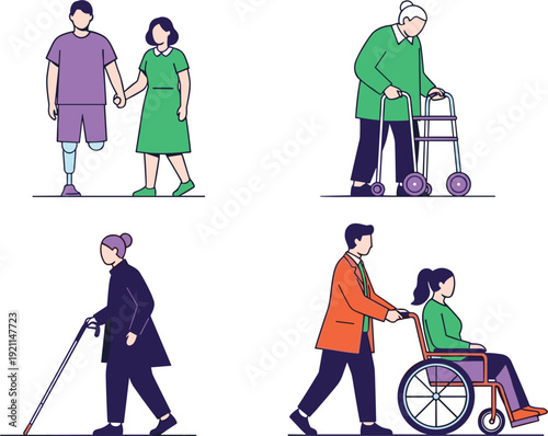Collection of flat vector illustrations featuring diverse people with disabilities including wheelchair users prosthetic leg amputees and individuals using walkers or blind canes.