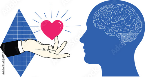 Mental health and emotional intelligence vector illustration with human profile brain silhouette and hand holding glowing heart for psychology or empathy concept