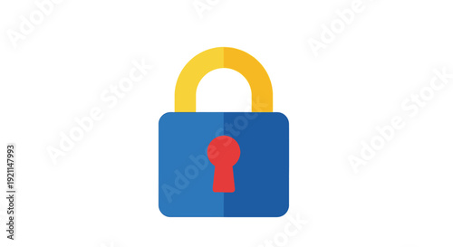 A flat design illustration of a blue padlock with a yellow shackle