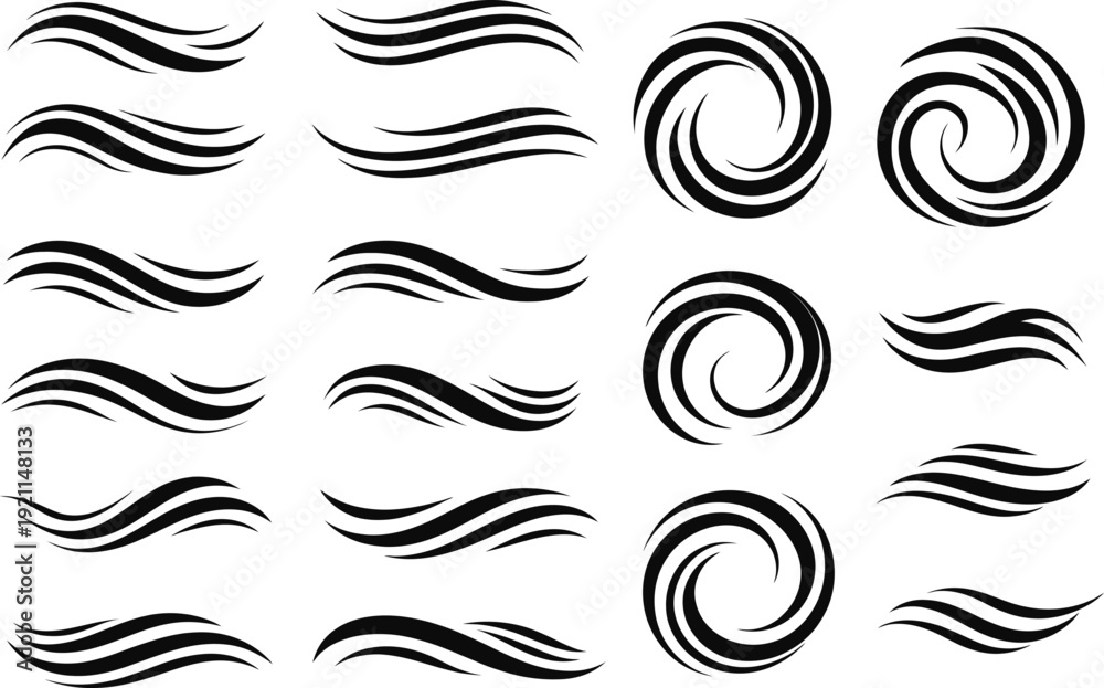Fototapeta premium Abstract Black Wave Swirl Brush Stroke Vector Set