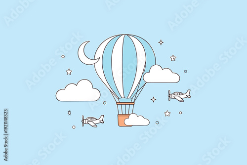 air balloon flying in space. cartoon illustration cute little sticker on vector illustrations.