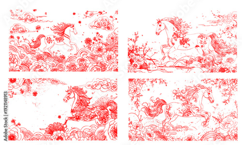 Red and White Chinese New Year Horse Illustration Set with Floral Toile Pattern, Traditional Asian Art Collection for Festive Lunar Celebration Design