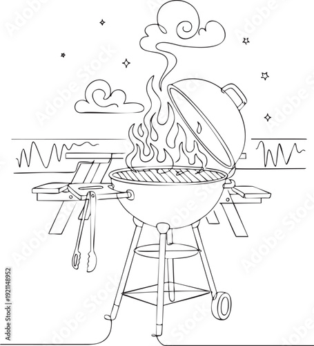One line drawing of a backyard barbecue grill with smoke and stars minimalist vector illustration isolated on white background