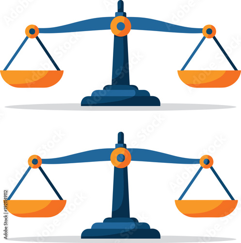 Scales of justice set showing balance and legal judgment in flat design for law firm or court house concept