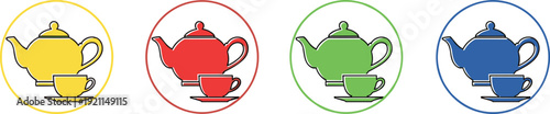 Colorful teapots and cups in circles representing different beverage options and breakfast
