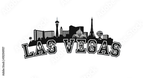 Las Vegas Skyline Silhouette with Famous Landmarks and Text