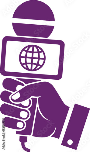 Journalist hand holding microphone for interview and news reporting with world globe symbol on purple icon