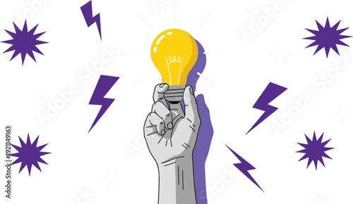 Human hand holding a glowing yellow lightbulb surrounded by purple lightning bolts and stars representing a creative spark and business innovation.