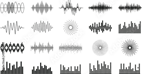 Large collection of black vector audio sound waves music equalizers and digital frequency signals for podcasting radio recording studio and electronic music visualization.