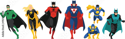 Flat vector illustration set of superheroes in colorful costumes and capes including characters running flying and in powerful action poses for comic book design.