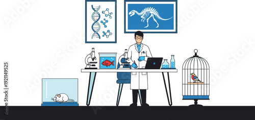 Male scientist in white lab coat working with microscope and laptop in biological research laboratory with animal subjects and DNA posters vector.