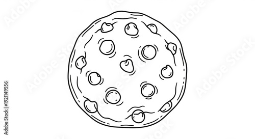 A detailed illustration of a cookie with chocolate chips, viewed from directly above, showcasing the texture and details of the baked treat.