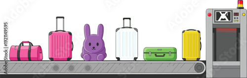 Colorful travel luggage and a purple stuffed bunny toy on an airport security scanner conveyor belt for vacation travel and transportation concept.