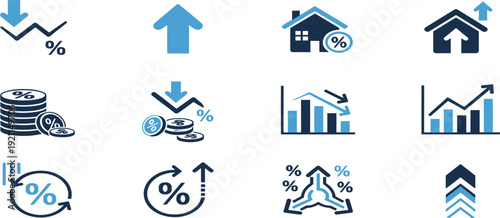 Interest rate and percentage finance icon set with arrows, charts, house mortgage and investment symbols