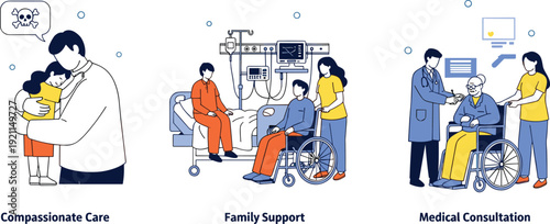Medical Healthcare Scene Set Illustrating Compassionate Care Family Support and Medical Consultation for Elderly Patients in Hospital and Clinic Vector Illustration
