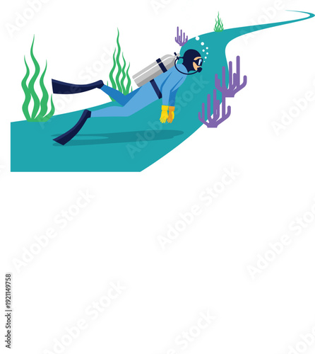 Scuba diver swimming underwater along a blue sea path with green seaweed and purple coral reef in flat vector style
