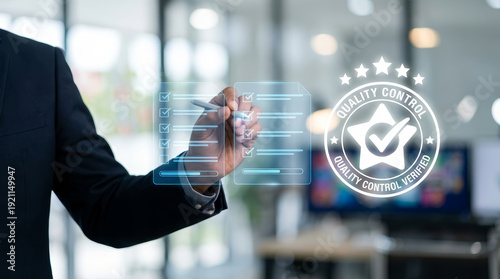 Focused businessman hand checking digital quality control list with virtual pen futuristic screen with star guarantee certification seal icon showing satisfaction and confidence high standard