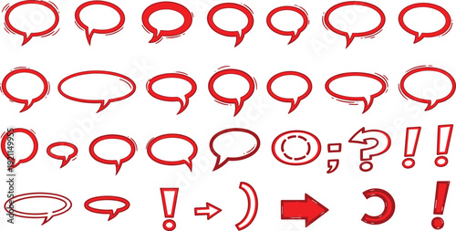 Red speech bubble collection with comic style balloons exclamation marks and various arrows for decoration