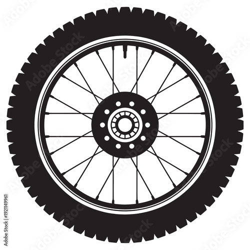 A black and white illustration of a bicycle or motorcycle wheel with a tire and spokes on a white background  wheel with tire and spokes