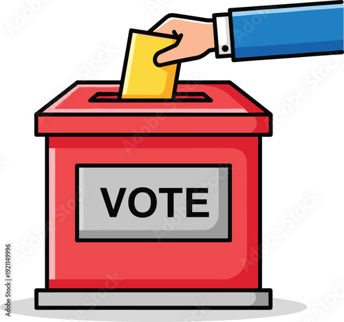 Voting box illustration with hand inserting yellow ballot into red container for election day simulation