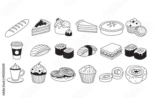 Variety of sushi and desserts illustrations