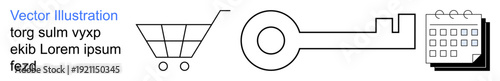 E-commerce, security access, scheduling, planning, online shopping, keylocking concepts. Minimalist shopping cart, key symbol and calendar icon . E-commerce and security access