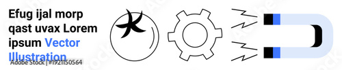 Magnet pulling objects, gear representing process, star indicating innovation. Ideal for technology, physics, engineering, design, innovation, teamwork simple landing page