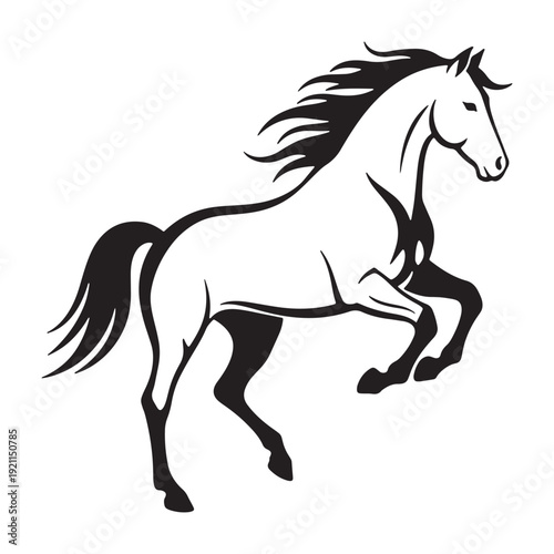Vector illustration of a running horse in black and white, isolated on transparent background