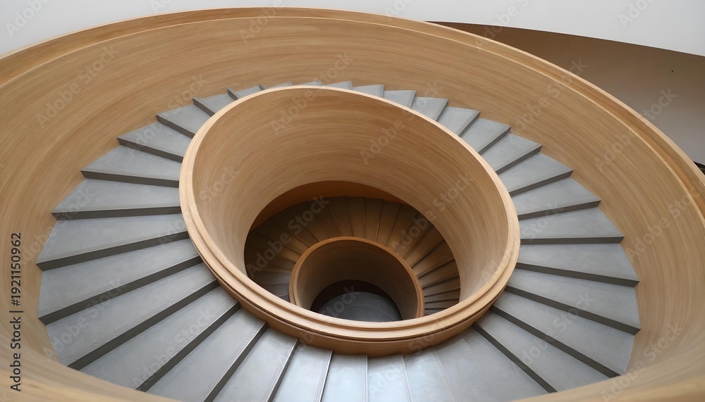 Fototapeta premium Modern spiral staircase with smooth wooden banister and concrete steps descending into darkness
