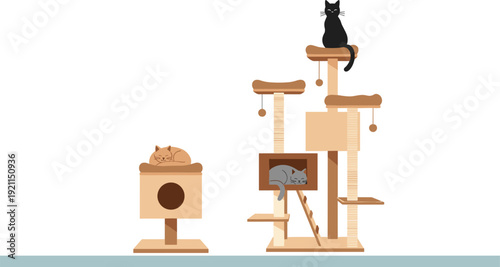 Flat vector illustration of cats sleeping and playing on modern multi-level scratching posts with condos and hanging toys