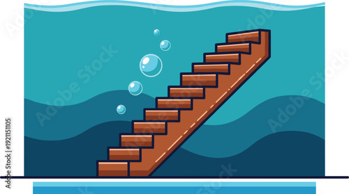 Wooden staircase underwater with blue bubbles vector illustration of steps leading up towards water surface