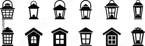 Vintage lantern icons and rustic house shapes collection in black silhouette style for lighting and decor