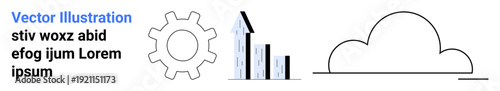 Business analytics, cloud technology, innovation, productivity, data storage, system optimization. Gear icon, bar graph with growth arrow cloud outline graphic. Business analytics and cloud