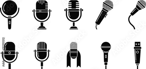 Collection of ten different vector microphone icons illustrating various styles and types of mic