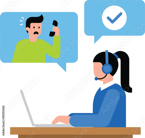 Flat vector illustration of a female call center operator with headset assisting a worried customer over the phone for technical support help desk