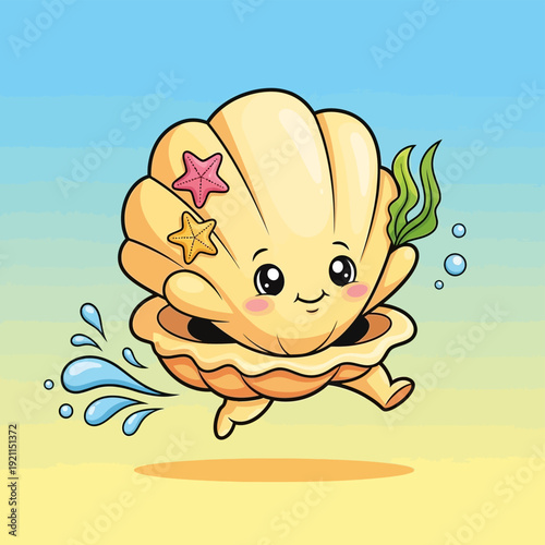 Cartoon Clamshell Character with Starfish Decoration.