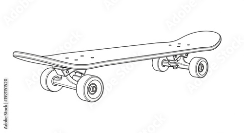 A skateboard with four wheels is illustrated in a simple line drawing style from a side viewpoint