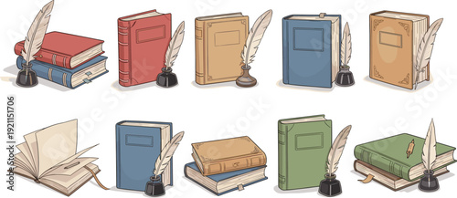 Vintage book collection with quill pens and inkwells for classical literature writing and academic studies