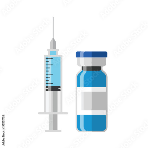 A minimalist flat vector illustration of a medical syringe filled with blue liquid next to a blue vaccine vial, clean white background, soft gradients, simple modern design, long subtle shadows.