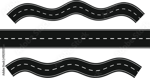 Asphalt road elements set with straight and wavy path design including white dashed lines for city traffic
