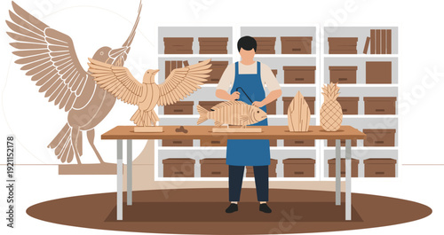 Male craftsman in a workshop assembly of wooden 3D models of animals and fruit including eagle fish and pineapple shapes.