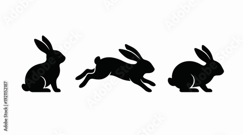 Rabbit Silhouettes Vector – Black Bunny Icons in Sitting, Hopping, and Crouching Poses for Spring Stickers, Nature Designs, and Easter-Themed Projects
