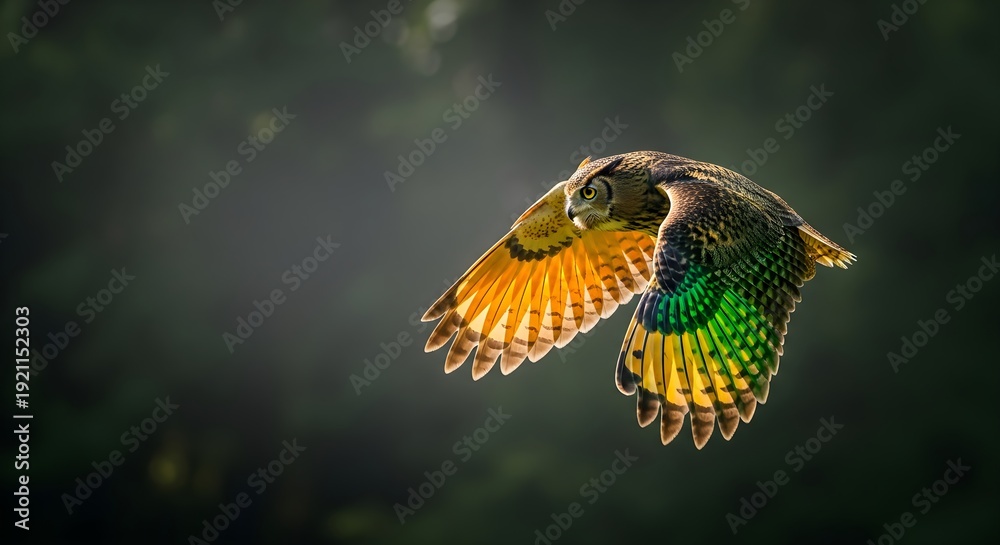 Fototapeta premium Golden Owl Mid-Flight Displaying Vibrant Green and Orange Feathers in the Wilderness