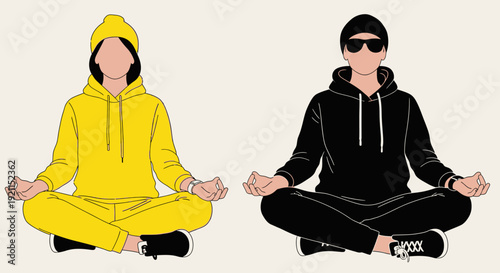 Minimalist meditation youth in hoodies practicing yoga