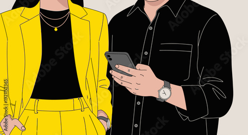 Modern fashion minimalist people using smartphone in stylish outfits