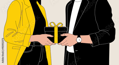 Minimalistic exchange of gift between two people in stylish outfits