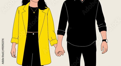 Fashionable couple holding hands in minimalist style with yellow jacket and black outfit